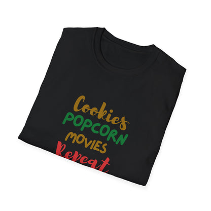 Cookies, Popcorn, Movies, Repeat T-Shirt – Cozy Movie Night Graphic Tee