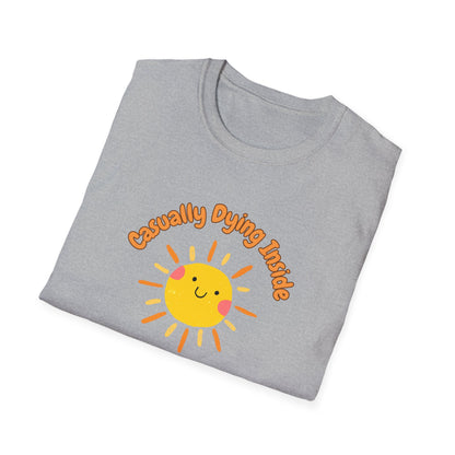 Casually Dying Inside T-Shirt - Sunny Graphic Tee - Ironic Humor Shirt - Dark Comedy Top - Quirky Sun Design