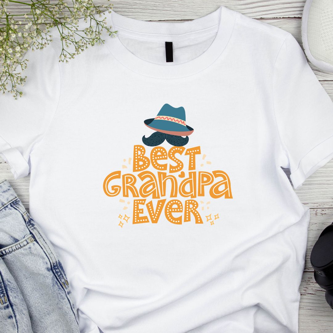 Best Grandpa Ever T-Shirt - Retro Fedora and Mustache Design - Perfect Father's Day Gift for Grandfathers