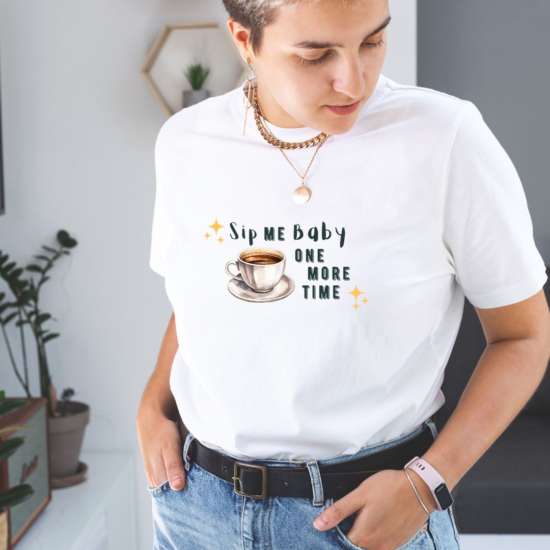 Funny Coffee T-Shirt - 'Sip Me Baby One More Time' - Coffee Lover Gift - Graphic Tee with Coffee Cup Design - Unisex Coffee Shirt